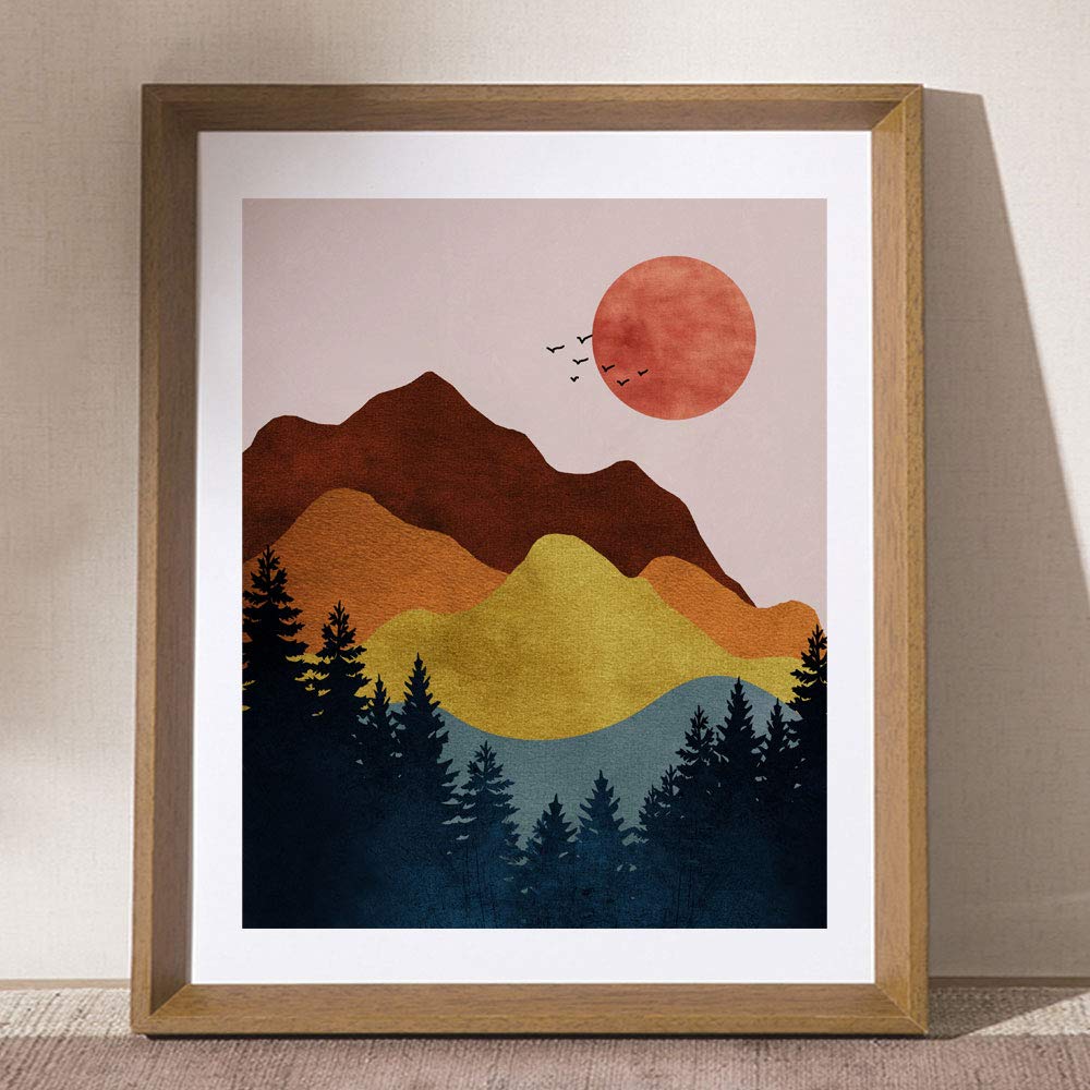 Abstract Wall Art – Boho Sun & Mountains Print