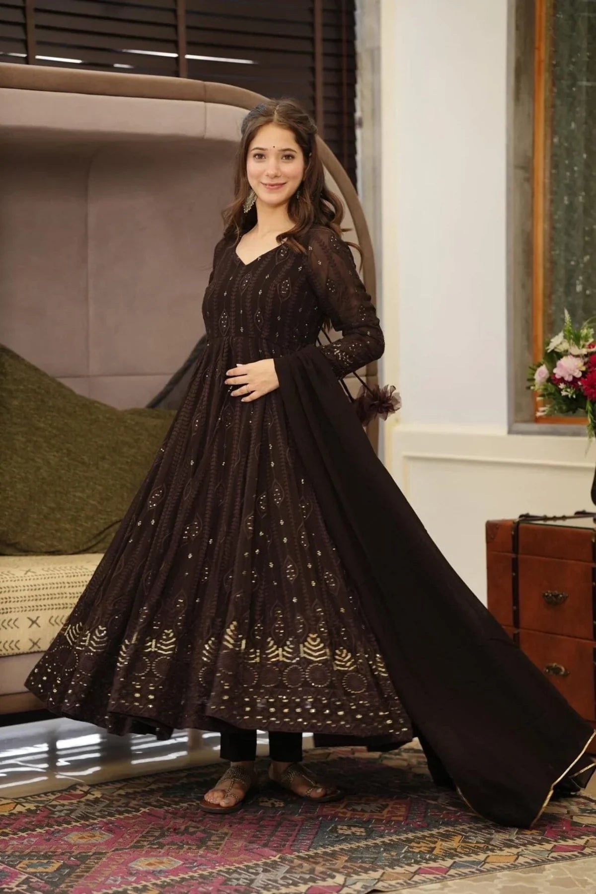 Black Georgette Anarkali Set with Cotton Pants