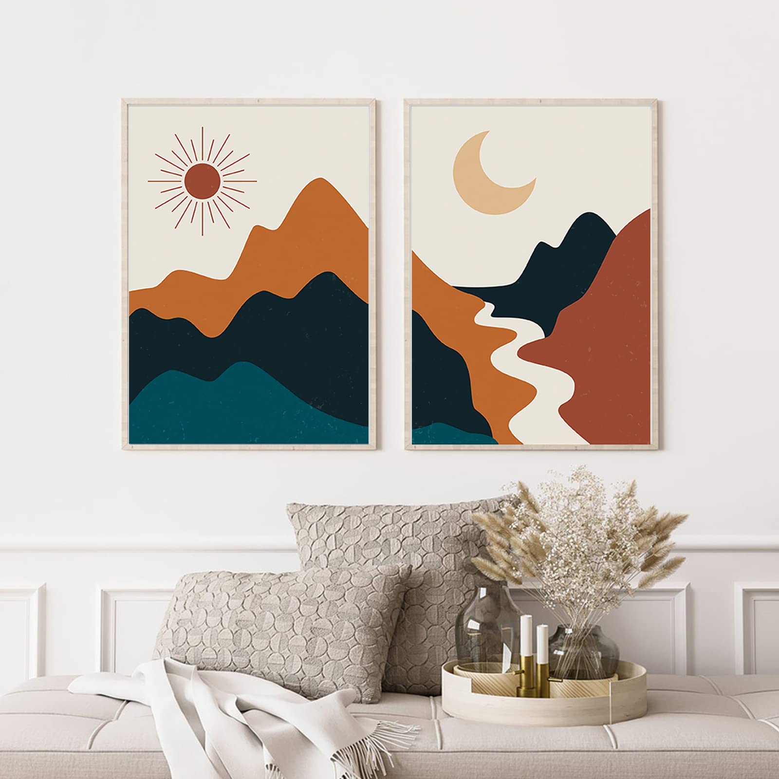 Abstract Wall Art – Boho Sun & Mountains Print